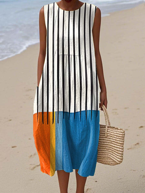 Women's Minimalist Artistic Geometric Lines Print Sleeveless Cotton Pocket Wrap Dress