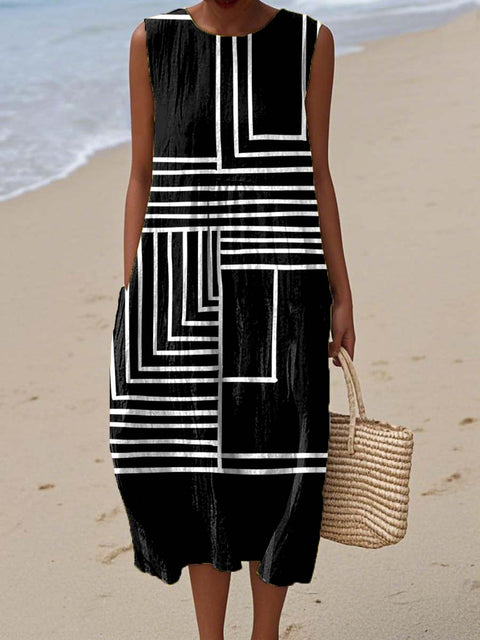 Women's Minimalist Artistic Geometric Lines Print Sleeveless Cotton Pocket Wrap Dress