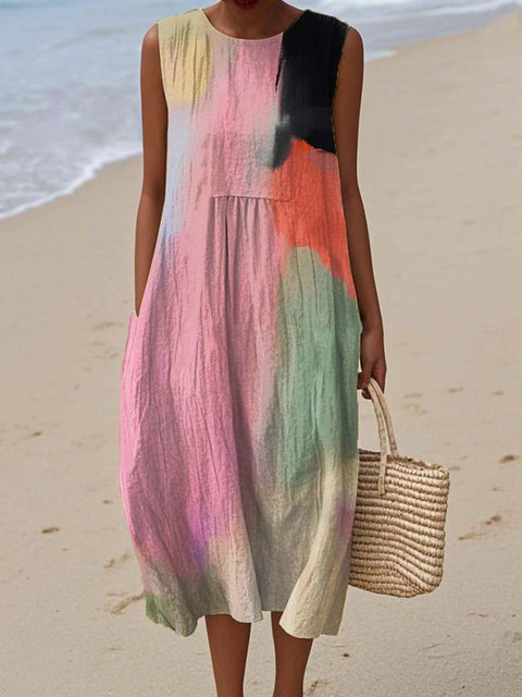 Women's Colourful Artistic Blending Print Sleeveless Cotton Pocket Wrap Dress