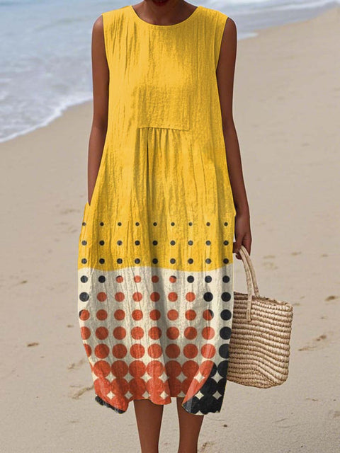 Women's Artistic Geometric Patterns Polka Dots Print Sleeveless Cotton Pocket Wrap Dress