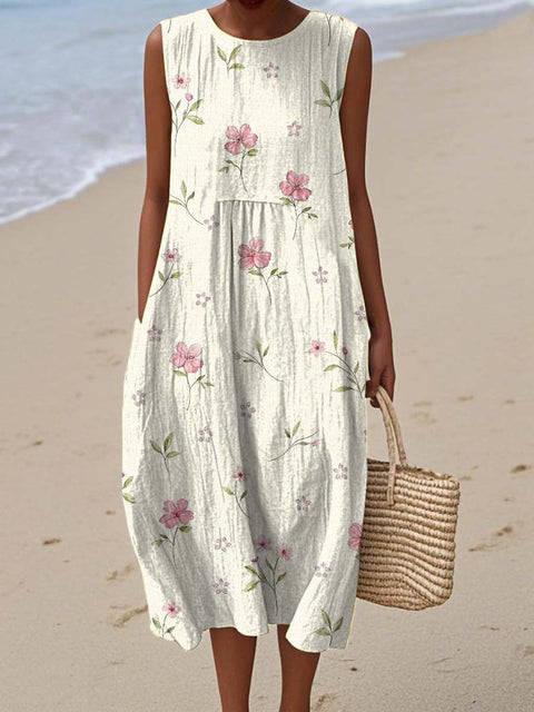 Women's Retro Artistic Flowers Print Sleeveless Cotton Pocket Wrap Dress
