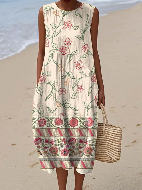 Women's Retro Artistic Flowers Print Sleeveless Cotton Pocket Wrap Dress