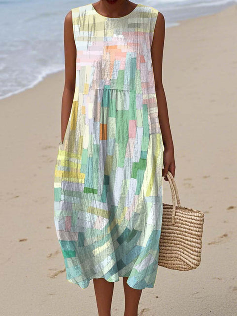 Women's Artistic Abstract Geometric Oil Painting Lines Print Sleeveless Cotton Pocket Wrap Dress
