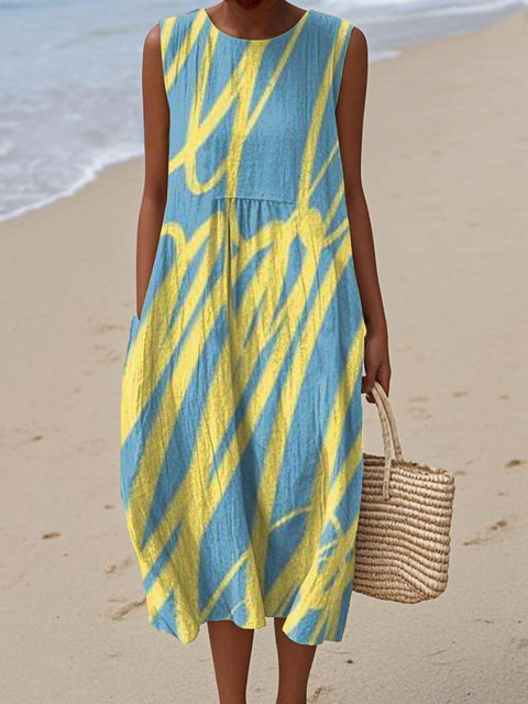 Women's Artistic Abstract Lines Print Sleeveless Cotton Pocket Wrap Dress