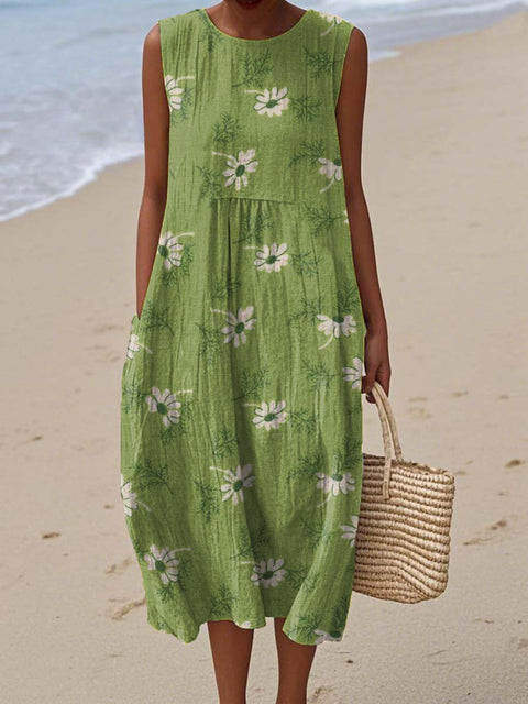 Women's Retro Artistic Flowers Print Sleeveless Cotton Pocket Wrap Dress