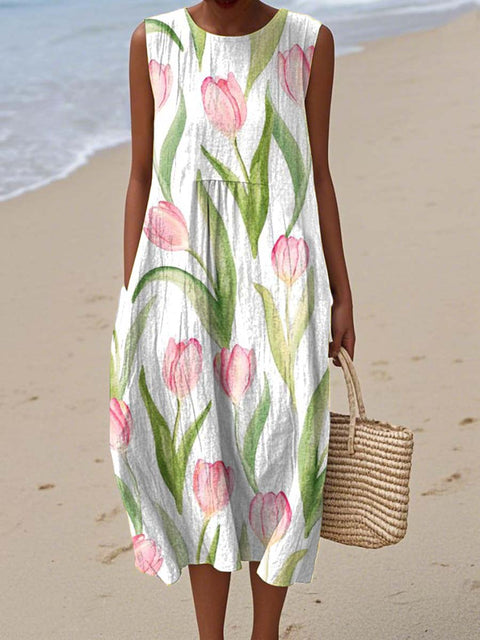 Women's Retro Artistic Flowers Print Sleeveless Cotton Pocket Wrap Dress