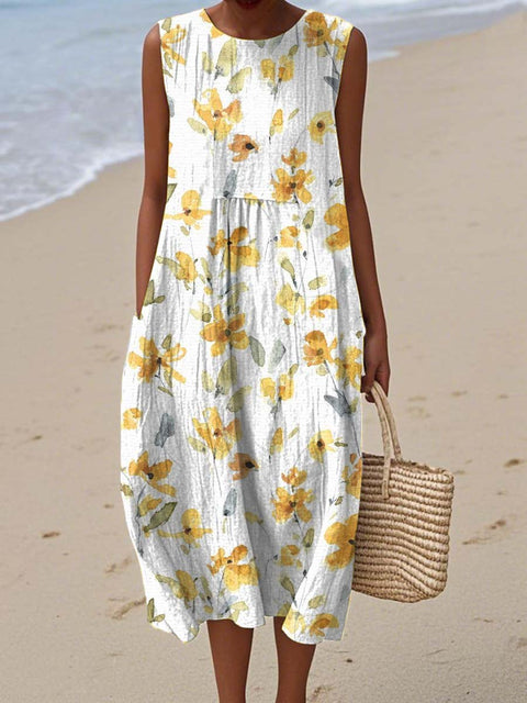Women's Retro Artistic Flowers Print Sleeveless Cotton Pocket Wrap Dress