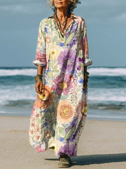Women's Retro Watercolour Floral Art Print Dress