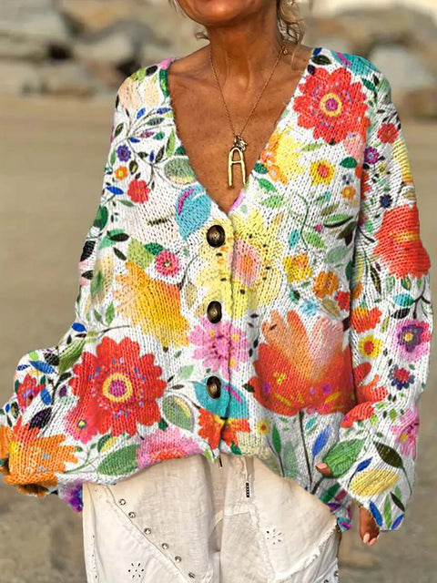 Women's Colourful Artistic Watercolour Flowers Casual Pullover Sweater