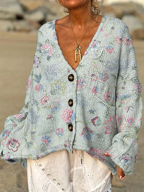 Women's Retro Artistic Flowers Casual Pullover Sweater