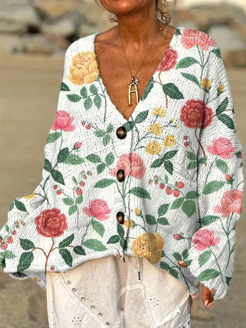 Women's Retro Artistic Flowers Casual Pullover Sweater