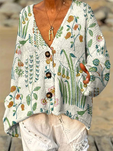 Women's Retro Artistic Flowers Casual Pullover Sweater