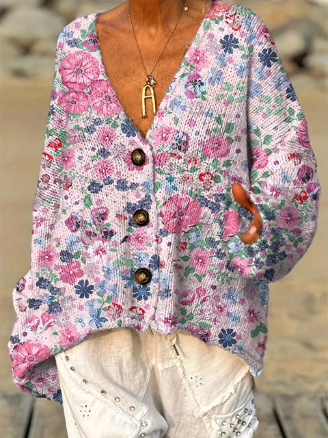 Women's Retro Artistic Flowers Casual Pullover Sweater