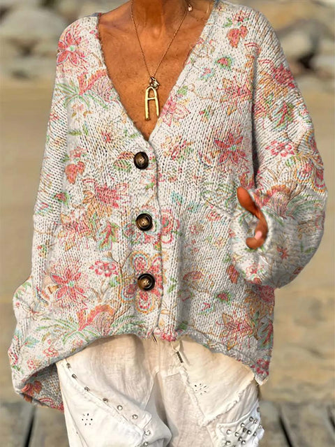 Women's Retro Artistic Flowers Casual Pullover Sweater