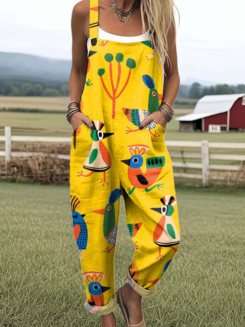 Women's Artistic Cartoon Animals Print Casual 100% Cotton Wide Leg Jumpsuit