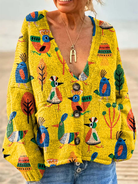 Women's Cartoon Art Little Bird Plant Casual Pullover Sweater