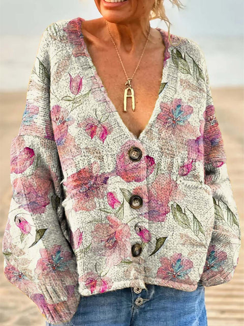 Women's Retro Art Watercolour Flowers Casual Pullover Sweater