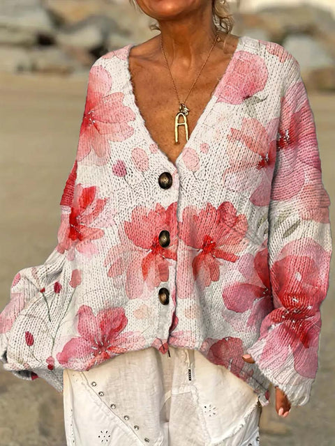 Women's Retro Art Watercolour Flowers Casual Pullover Sweater