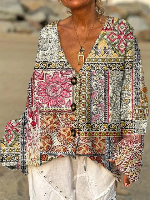 Women's Retro Ethnic Art Flowers Casual Pullover Sweater