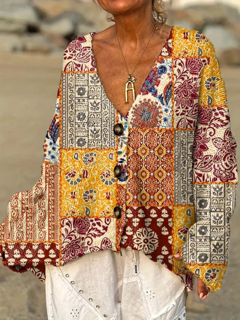 Women's Retro Ethnic Art Flowers Casual Pullover Sweater