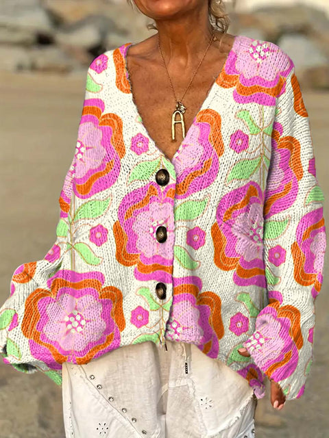 Women's Colourful Artistic Abstract Flowers Casual Pullover Sweater
