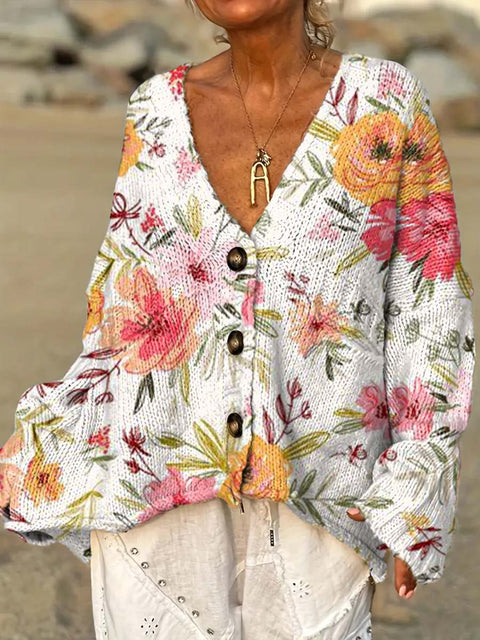 Women's Retro Artistic Flowers Casual Pullover Sweater