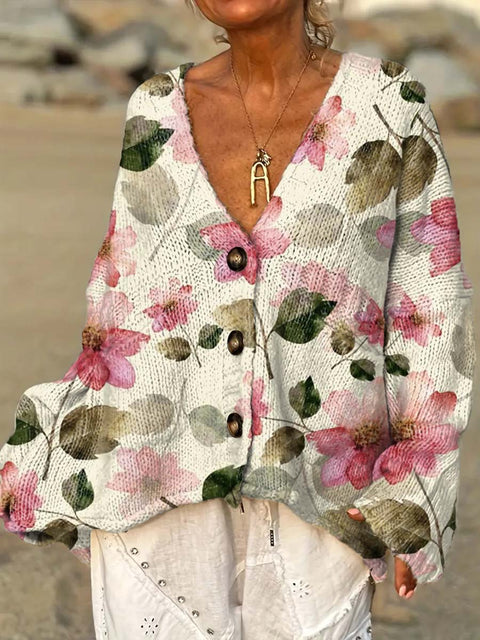 Women's Retro Artistic Flowers Casual Pullover Sweater