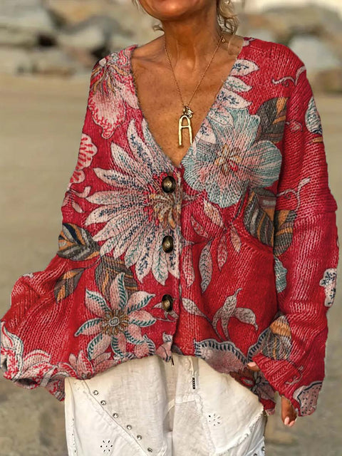 Women's Retro Artistic Flowers Casual Pullover Sweater