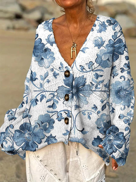 Women's Blue Art Watercolour Flowers Casual Pullover Sweater