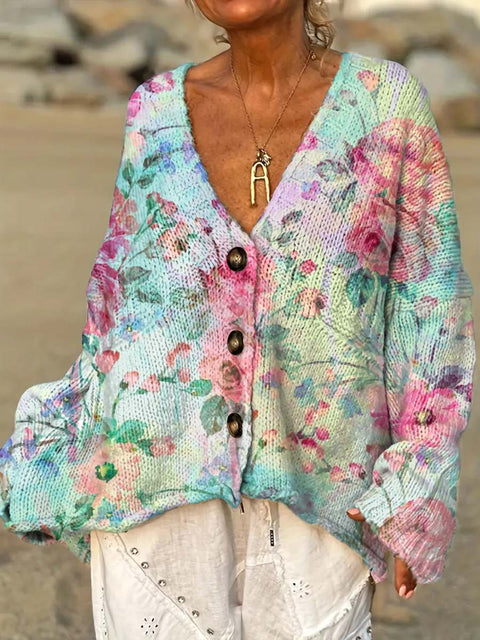 Women's Colourful Artistic Watercolour Flowers Casual Pullover Sweater