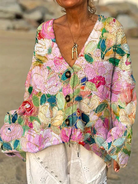Women's Retro Artistic Flowers Casual Pullover Sweater