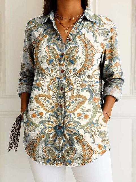 Women's Retro Ethnic Artistic Flowers Print Casual Cotton Shirt