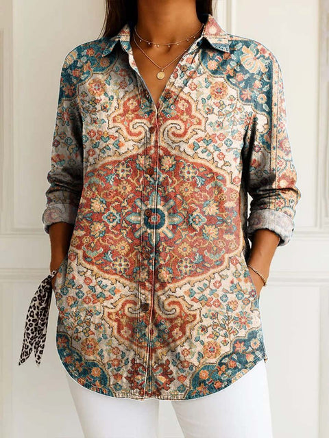 Women's Retro Ethnic Artistic Flowers Print Casual Cotton Shirt