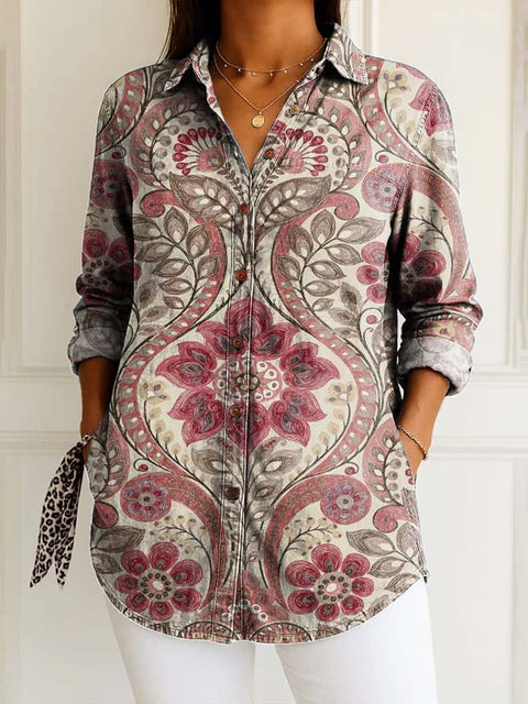 Women's Retro Ethnic Artistic Flowers Print Casual Cotton Shirt