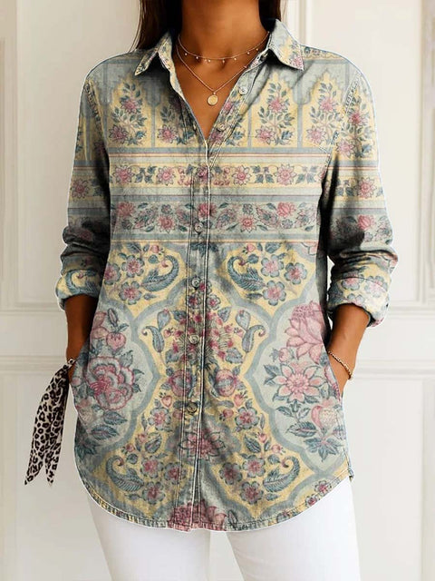Women's Retro Ethnic Artistic Flowers Print Casual Cotton Shirt