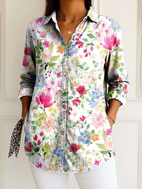 Women's Artistic Watercolour Flowers Print Casual Cotton Shirt