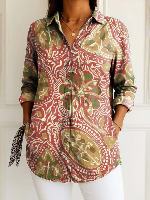 Women's Retro Ethnic Artistic Flowers Print Casual Cotton Shirt