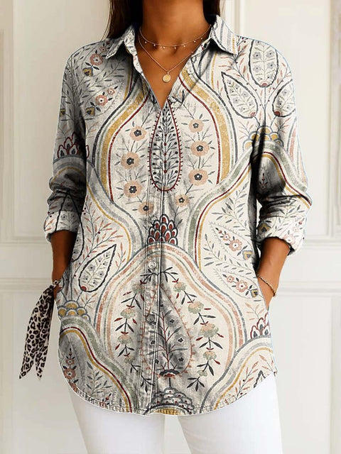 Women's Retro Ethnic Artistic Flowers Print Casual Cotton Shirt