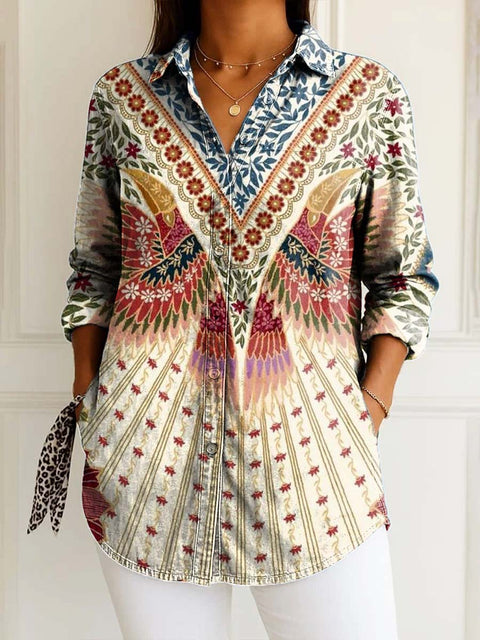 Women's Retro Ethnic Artistic Flowers Print Casual Cotton Shirt