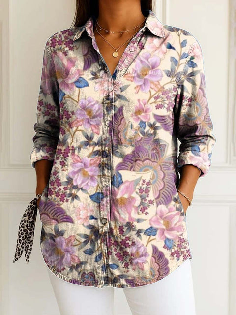 Women's Retro Art Floral Butterfly Print Casual Cotton Shirt
