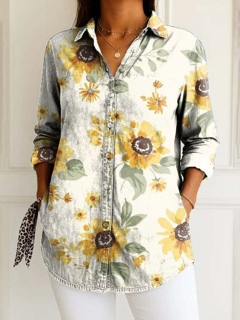 Women's Retro Art Sunflower Print Casual Cotton Shirt