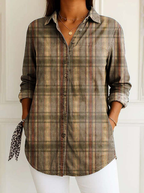Women's Retro Artistic Grid Patterns Print Casual Cotton Shirt