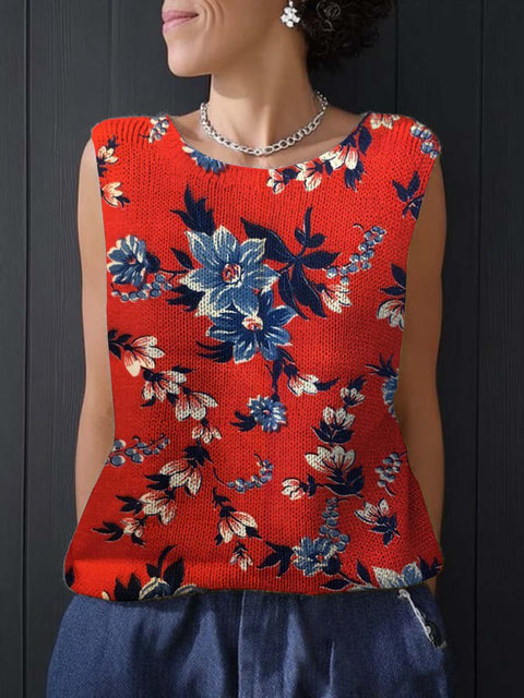 Women's Retro Artistic Flowers Print Casual Summer Knitting Top
