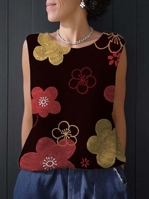 Women's Retro Artistic Flowers Print Casual Summer Knitting Top