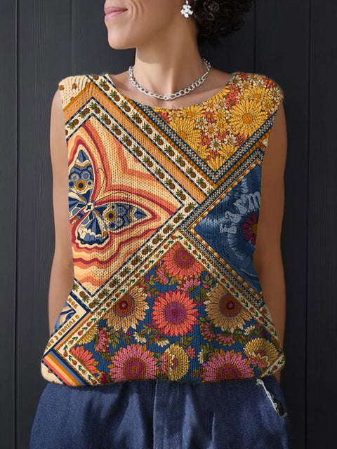 Women's Retro Ethnic Art Flowers Print Casual Summer Knitting Top