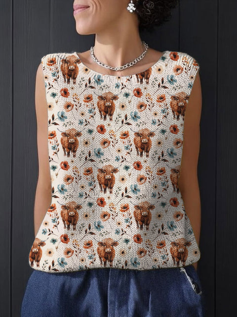 Women's Retro Art Floral Cow Print Casual Summer Knitting Top