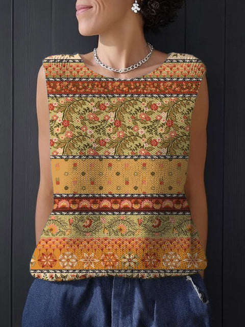 Women's Retro Ethnic Art Flowers Print Casual Summer Knitting Top