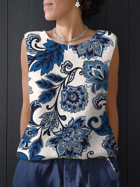 Women's Retro Artistic Flowers Print Casual Summer Knitting Top