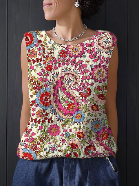 Women's Retro Ethnic Art Flowers Print Casual Summer Knitting Top