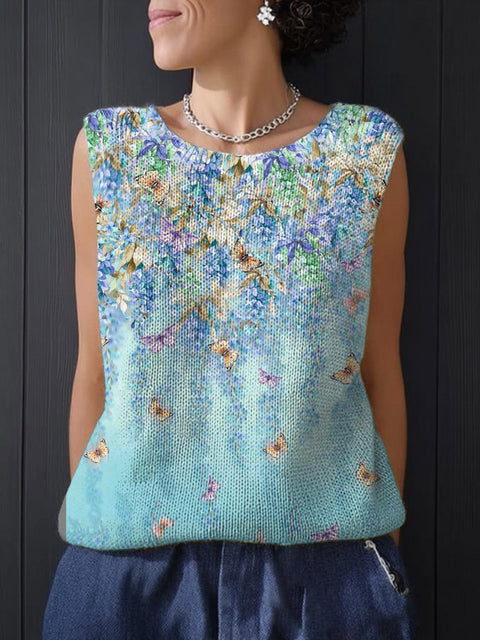 Women's Creative Artistic Floral Butterfly Print Casual Summer Knitting Top